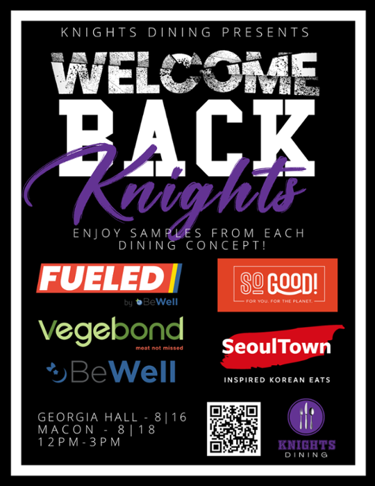 Flyer for MGA Dining' welcome back event.